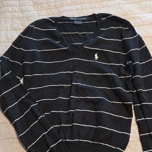 Polo by Ralph Lauren Black V-Neck Sweater with White Stripes